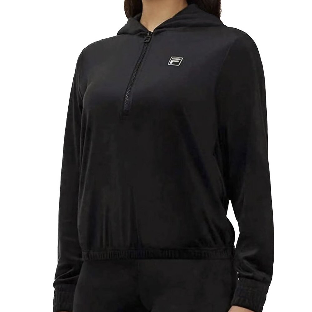 Fila Black Velour 1/4-Zip Hoodie Athletic Plush Full Zip-Up Jacket Size L